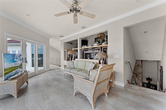 8605 Bay Shore Cv, Orlando, FL 32836 - living room with crown molding, baseboards, a ceiling fan, and visible vents