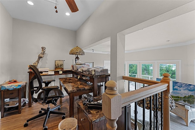 8605 Bay Shore Cv, Orlando, FL 32836 - office area featuring recessed lighting, ceiling fan, ornamental molding, and wood finished floors