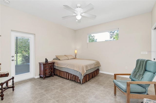 bedroom with access to outside, light tile patterned floors, baseboards, and ceiling fan