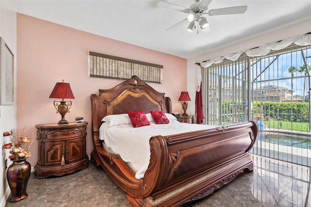 bedroom featuring ceiling fan and access to outside