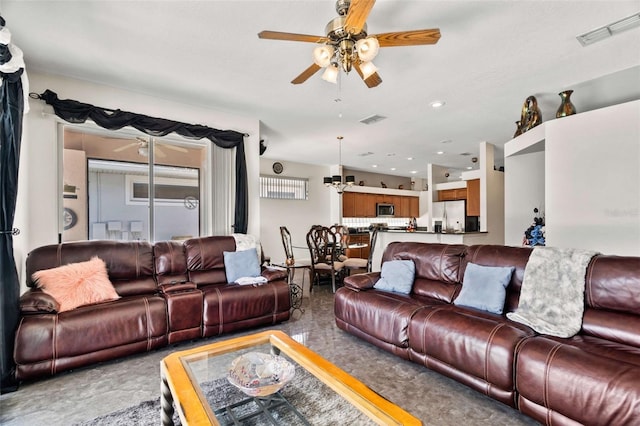 living room with ceiling fan