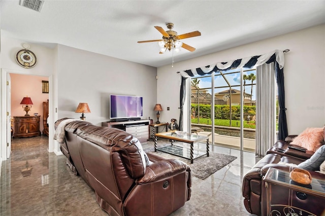 living room featuring ceiling fan