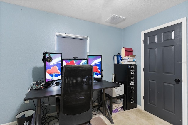 carpeted office space with a textured ceiling