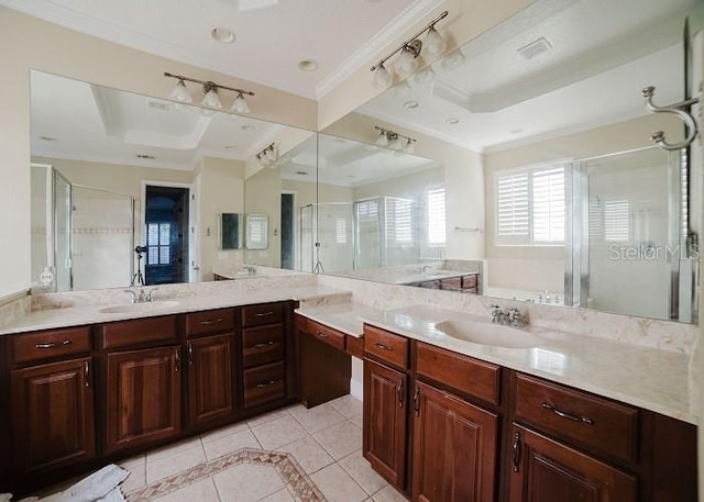 bathroom featuring a raised ceiling, shower with separate bathtub, tile patterned flooring, and crown molding