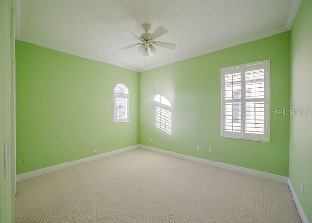 carpeted spare room with crown molding and ceiling fan