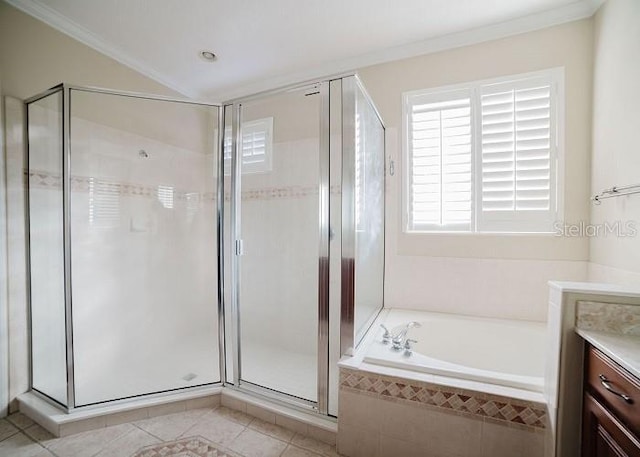 bathroom with independent shower and bath, vanity, ornamental molding, and tile patterned floors