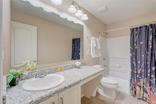 full bathroom with vanity, toilet, tile patterned floors, and shower / bath combo with shower curtain