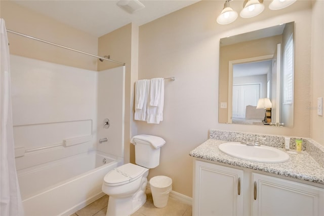 full bathroom with shower / bath combo, tile patterned flooring, toilet, and vanity