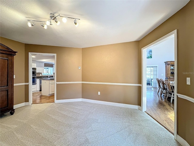 unfurnished room featuring a textured ceiling, sink, light hardwood / wood-style flooring, and track lighting