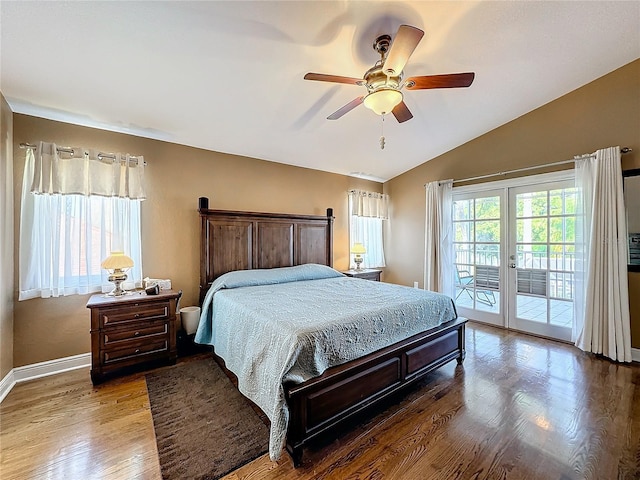 bedroom with access to exterior, wood-type flooring, lofted ceiling, ceiling fan, and french doors