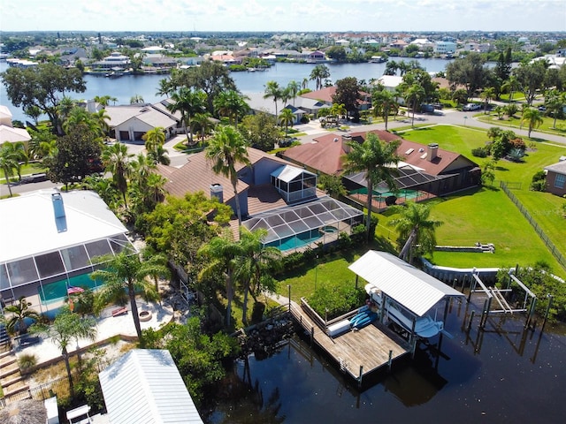 aerial view featuring a water view