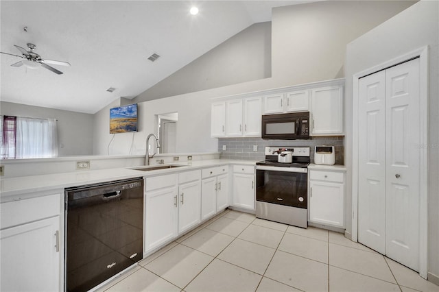 kitchen with black appliances, white cabinetry, sink, and ceiling fan