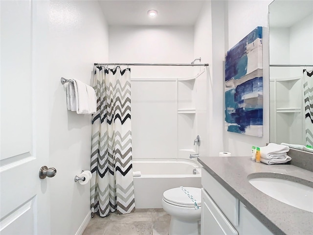 full bathroom with vanity, toilet, shower / tub combo, and tile patterned floors