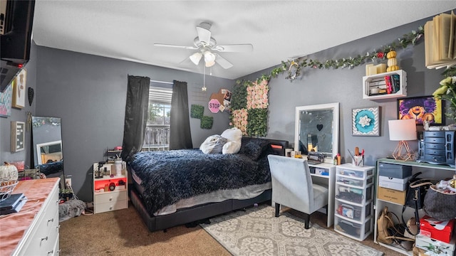 bedroom featuring carpet flooring and ceiling fan