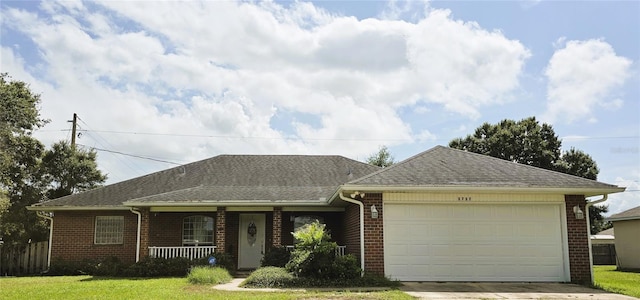 ranch-style home with covered porch, a garage, and a front lawn