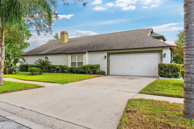 ranch-style house featuring a front yard and a garage