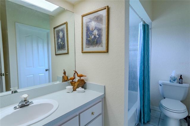 full bathroom with a skylight, tile patterned flooring, shower / bathtub combination with curtain, toilet, and vanity