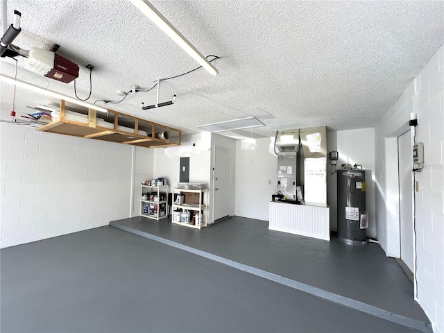 garage featuring electric water heater, a garage door opener, heating unit, and electric panel