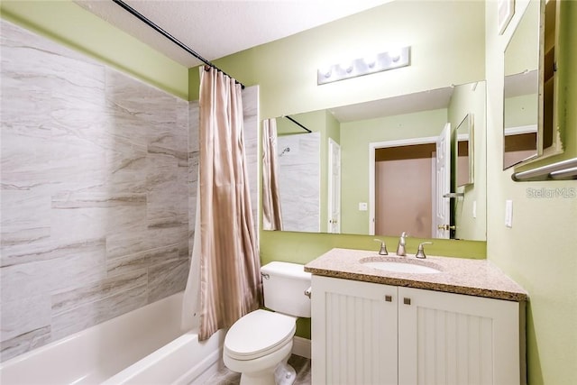 full bathroom featuring vanity, toilet, a textured ceiling, and shower / bathtub combination with curtain