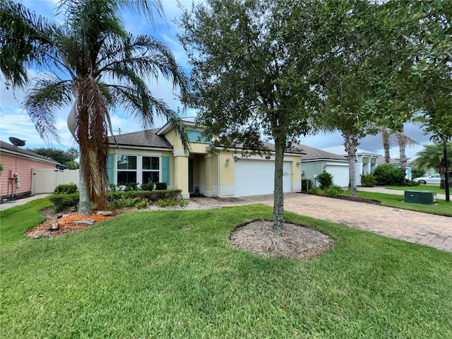 single story home with a front yard and a garage