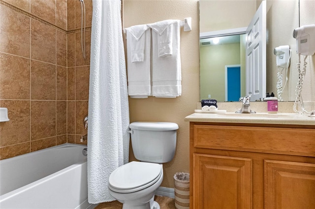 full bathroom featuring vanity, toilet, and shower / bathtub combination with curtain