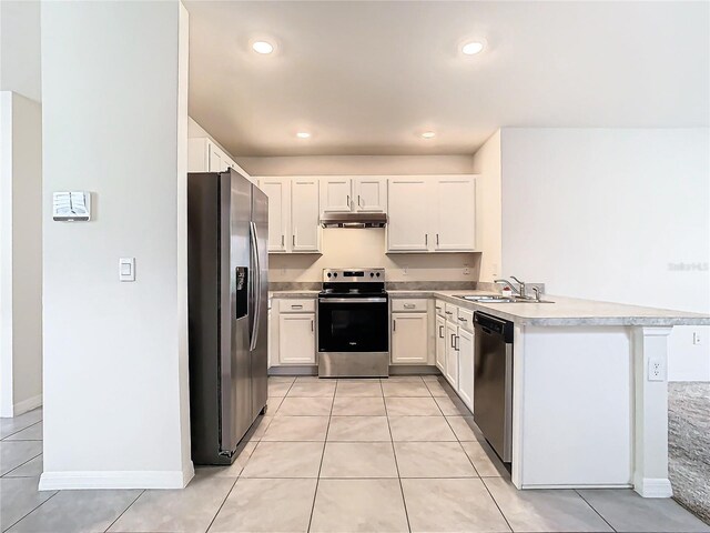 kitchen with appliances with stainless steel finishes, white cabinetry, kitchen peninsula, and sink