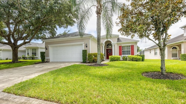 ranch-style house with a front lawn and a garage