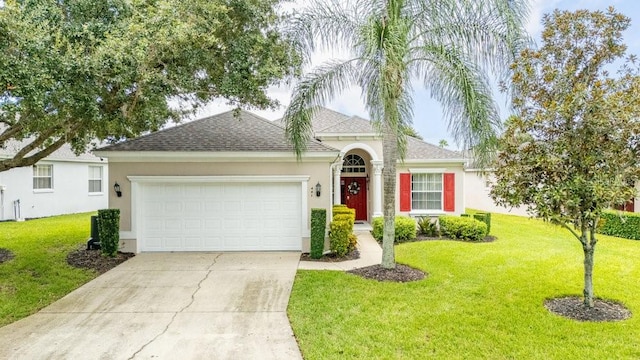 single story home with a garage and a front yard