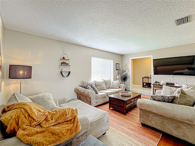 living room featuring a textured ceiling