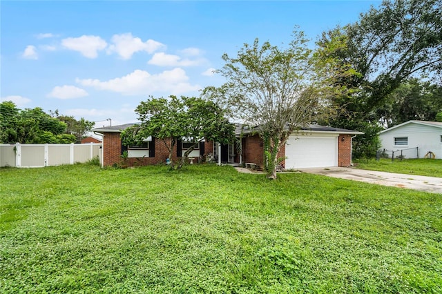 ranch-style house with a front yard and a garage