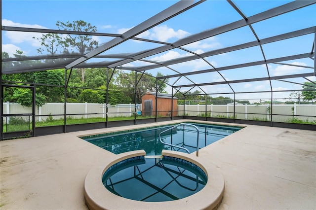 1005 Crescent Pkwy, Deland, FL 32724 - view of pool with a fenced backyard, glass enclosure, a pool with connected hot tub, and a patio area