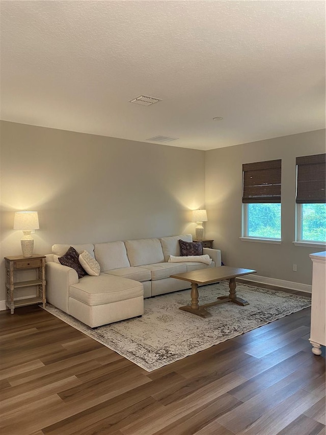 living room featuring a textured ceiling and dark hardwood / wood-style flooring