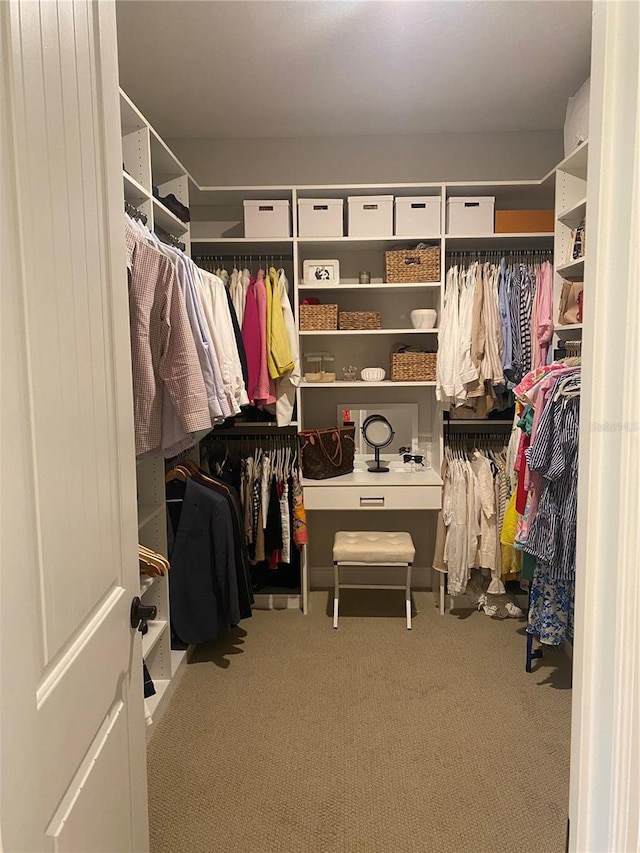 walk in closet with carpet floors