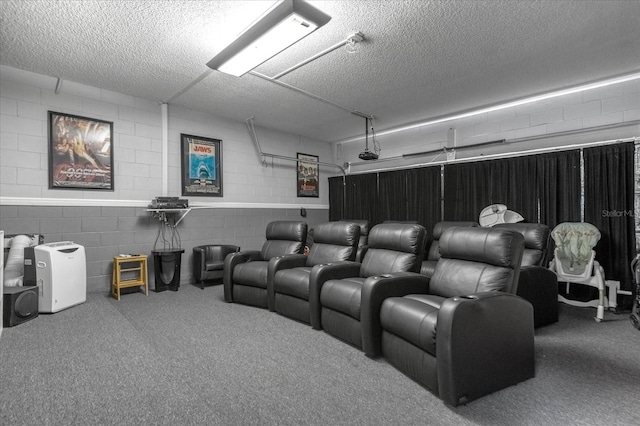 carpeted cinema room featuring a textured ceiling