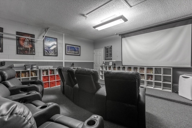 home theater room with a textured ceiling and carpet floors