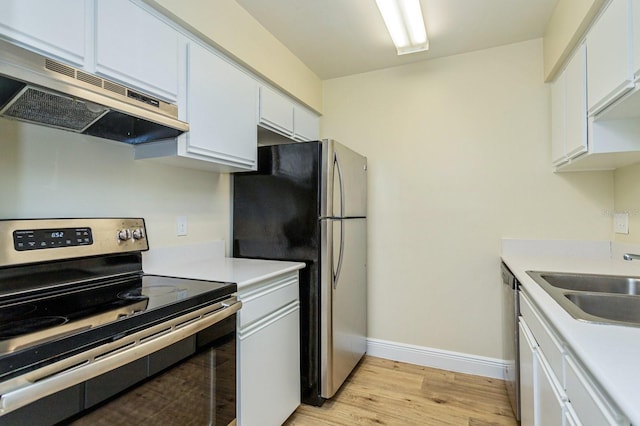 kitchen featuring light wood-type flooring, white cabinetry, stainless steel appliances, and exhaust hood