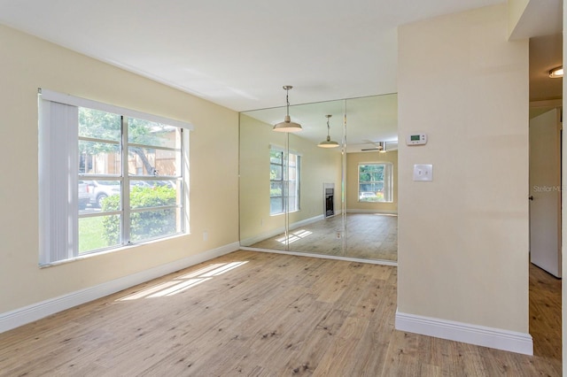 unfurnished room featuring light wood-type flooring, plenty of natural light, and ceiling fan