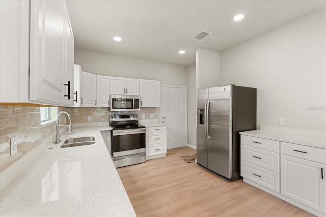 kitchen featuring stainless steel appliances, a sink, visible vents, white cabinets, and light wood-type flooring