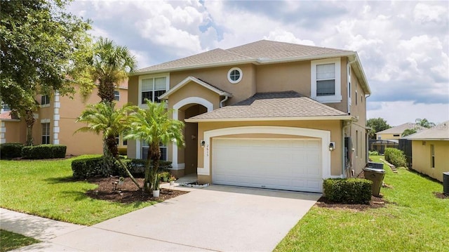 mediterranean / spanish house with a front lawn, concrete driveway, a garage, a shingled roof, and stucco siding
