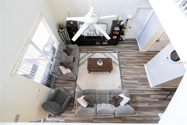 living room with hardwood / wood-style floors and ceiling fan