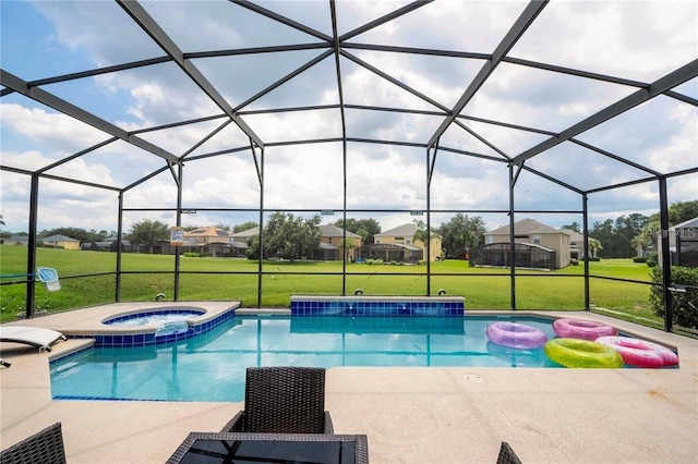 view of swimming pool featuring a yard, a patio area, glass enclosure, and an in ground hot tub