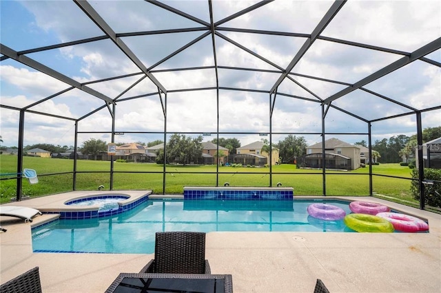 view of swimming pool with a lawn, glass enclosure, and a patio area