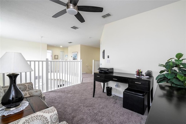 office space with ceiling fan and carpet floors