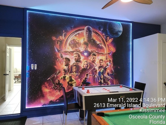 game room with a ceiling fan, tile patterned flooring, and pool table