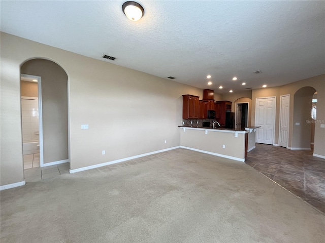 interior space with sink, light colored carpet, and a textured ceiling