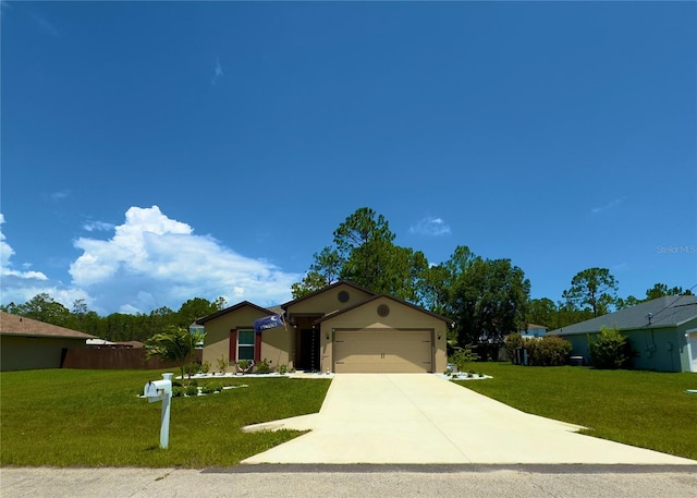 ranch-style home featuring a front yard and a garage