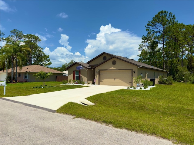 ranch-style house with a garage and a front lawn