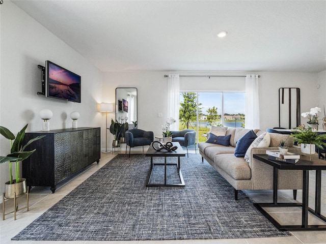 living room featuring light tile patterned floors