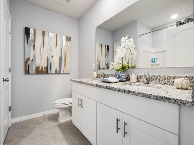 bathroom featuring tile patterned floors, walk in shower, toilet, and vanity