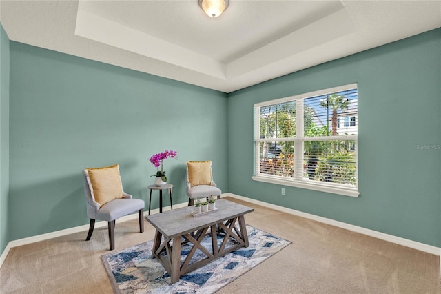 sitting room featuring carpet floors, baseboards, and a tray ceiling